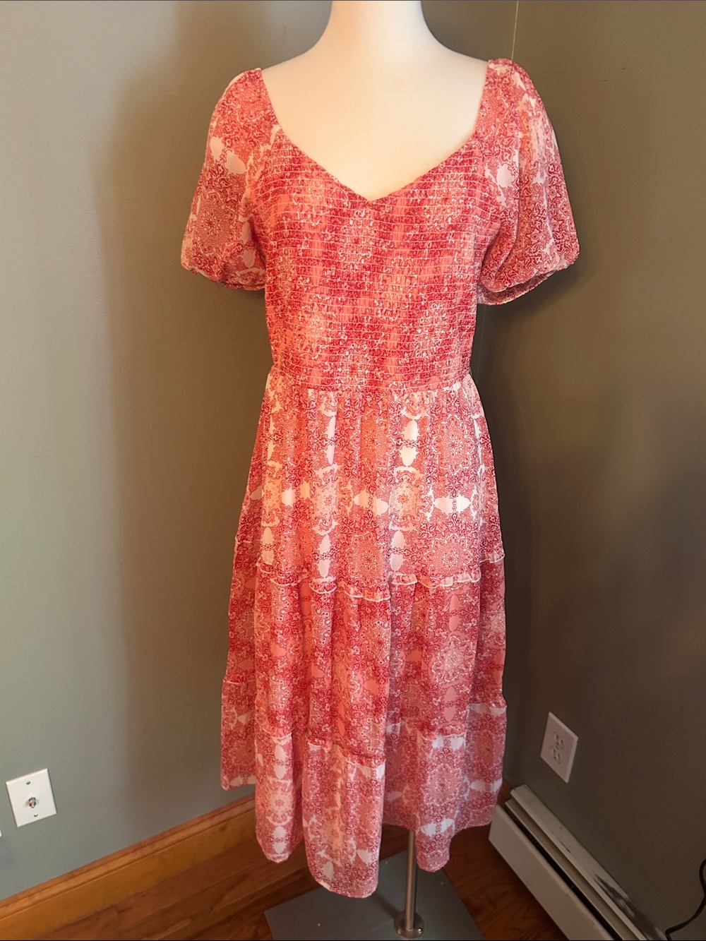 Sincerely Jules Red/ Pink Boho Patterned Midi Dress
